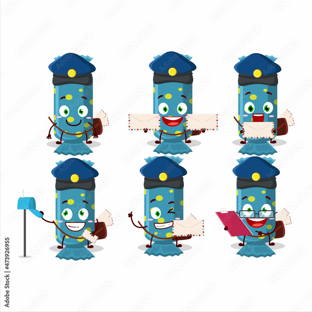 A picture of cheerful blue long candy package postman cartoon design concept A picture of cheerful blue long candy package postman cartoon design concept