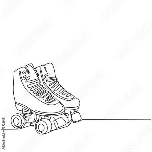 Single continuous line drawing pair of vintage, retro quad roller skates icon logo symbol. Sketch style pair of quad roller skates with white laces. One line draw graphic design vector illustration