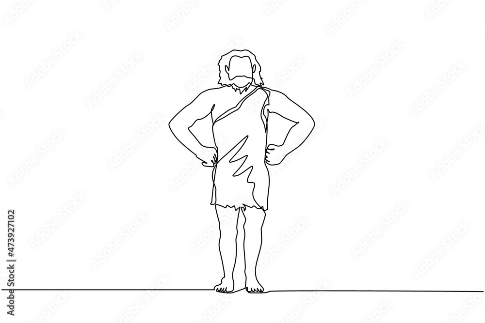 Single one line drawing prehistoric man standing with hands on waist pose. Prehistoric bearded man, primitive stone age caveman in animal pelt cartoon character. Continuous line draw design vector