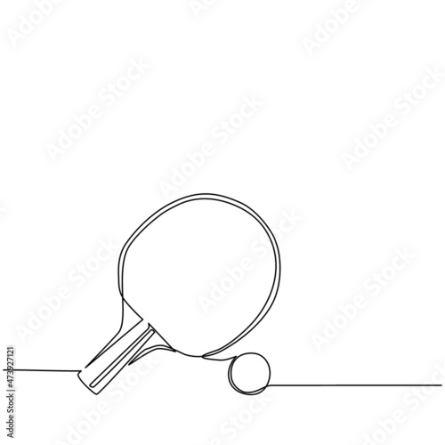 Single continuous line drawing table tennis racket and ball. Ping-pong sport game. Sports equipment. Ping pong racket and ball icon close up isolated on white background. One line draw design vector