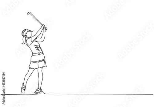 Single continuous line drawing young woman golf player swing golf club and hit the ball. Leisure sport concept. Professional golf tournament. Healthy lifestyle. One line draw graphic design vector