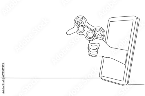 Single one line drawing gamer hand holds joystick through mobile phone. Smartphone with video game console app. Mobile sports games stream championship. Continuous line draw design vector illustration