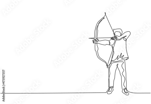 Single one line drawing man with bow and arrow. Male holding bow and arrow aiming to shoot. Archer with bow and arrow isolated. Part of set. Continuous line draw design graphic vector illustration