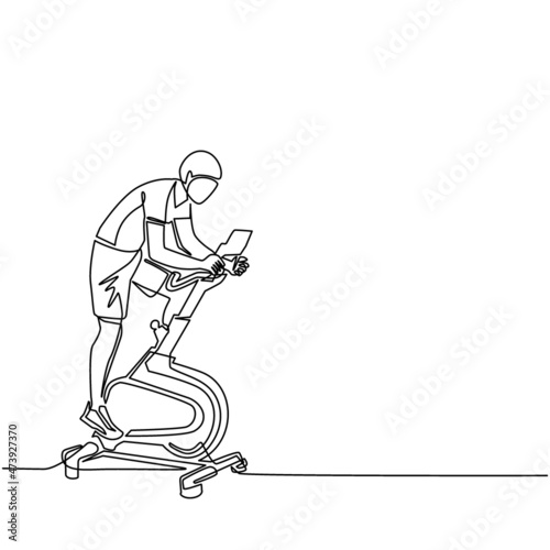 Single one line drawing man doing cardio. Stationary bike. Spinning exercise. Young man doing routine exercise at home using static bike. Modern continuous line draw design graphic vector illustration
