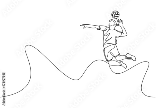 Continuous one line drawing young man volleyball athlete player in action jumping spike on court. Team sport game tournament. Health activity exercise. Single line draw design vector illustration