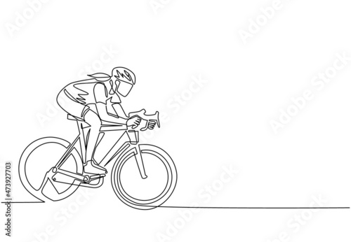 Murais de parede Single one line drawing young energetic woman bicycle racer focus train her speed at training session