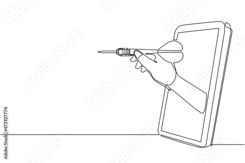 Continuous one line drawing player hand holds dart aiming through mobile phone. Smartphone with dart games app. Mobile sports stream championship. Single line draw design vector graphic illustration