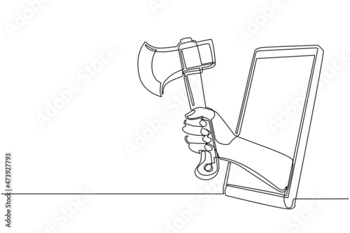 Single continuous line drawing hand holding wooden axes through mobile phone. Concept of mobile lumberjack games, entertainment application for smartphones. Dynamic one line draw graphic design vector