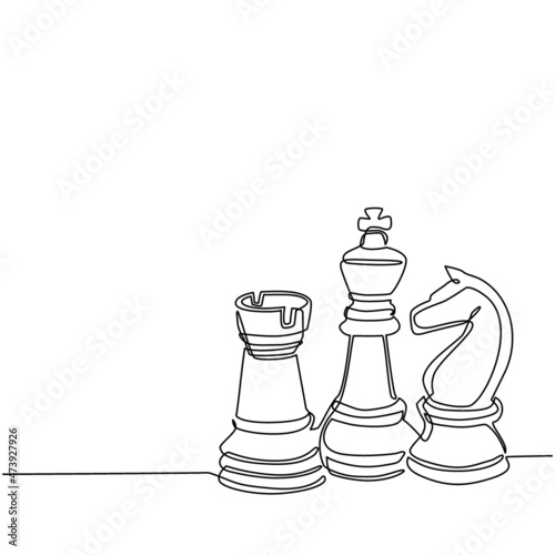 Single continuous line drawing chess pieces silhouette icon set isolated on white background. Black chess figures bishop, knight, rook game design elements. One line draw design vector illustration