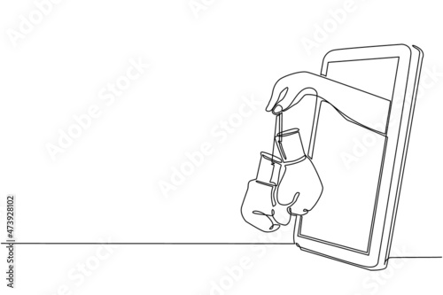 Single one line drawing boxer hand holds boxing gloves through mobile phone. Smartphone with boxing games app. Mobile sport stream championship. Continuous line draw design graphic vector illustration © Simple Line