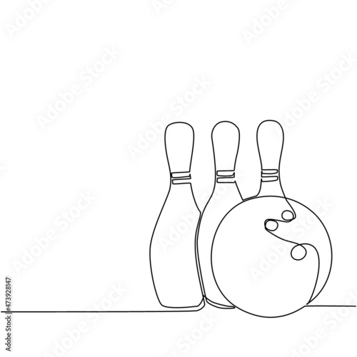 Single one line drawing bowling ball and pins. Sports equipment. Bowling sport game. Ball crashing pins. Strike bowling leisure concept. Modern continuous line draw design graphic vector illustration