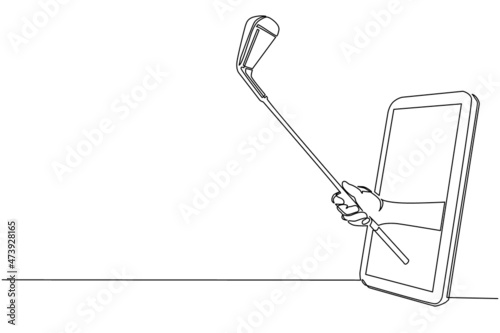 Single continuous line drawing golfer hand holds stick golf through mobile phone. Smartphone with golf games app. Mobile sports stream championship. One line draw graphic design vector illustration