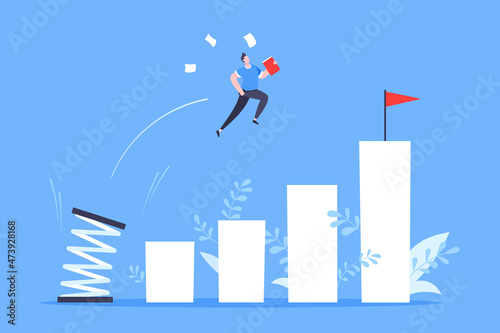 Springboard businessman high jump flat style design vector illustration concept. Business person jumps above career ladder. Success growth, motivation opportunity, boost career concept. photo