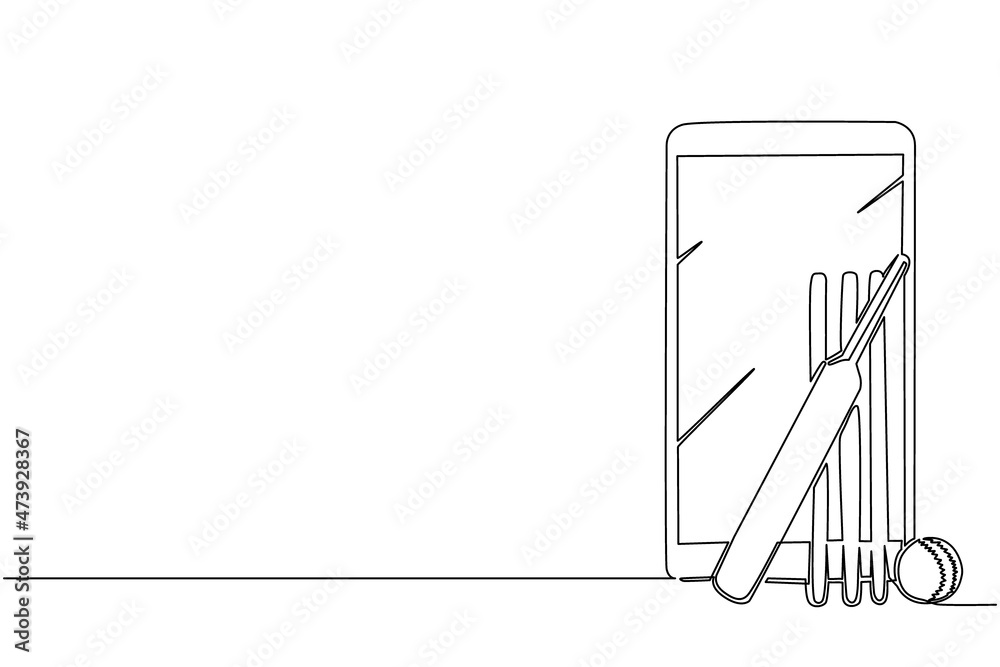Continuous one line drawing cricket bat, ball, and wicket stumps with smartphone. Online cricket games. Smartphone applications. Mobile cricket. Single line draw design vector graphic illustration Continuous one line drawing cricket bat, ball, and wicket stumps with smartphone. Online cricket games. Smartphone applications. Mobile cricket. Single line draw design vector graphic illustration