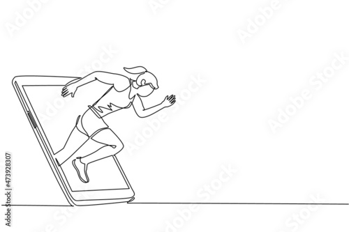 Single one line drawing woman runner focus practicing to run fast getting out of smartphone screen. Mobile sports play matches. Online run game mobile app. Continuous line draw design graphic vector