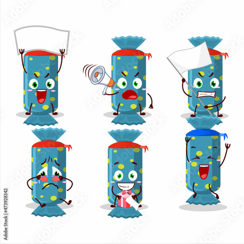 Mascot design style of blue long candy package character as an attractive supporter