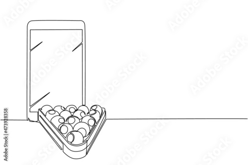 Single continuous line drawing smartphone and billiards balls in triangle. Snooker balls with numbers in wooden rack for pool room sport game, championship tournament. One line draw design vector