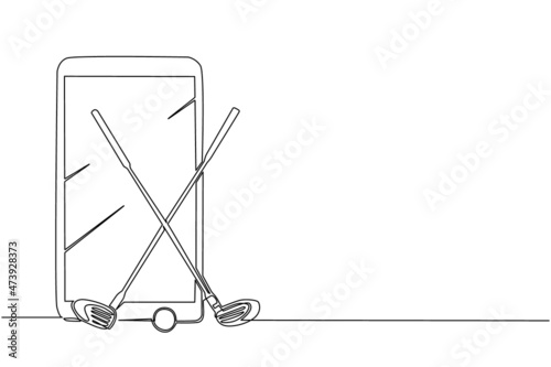 Single one line drawing two crossed golf clubs and ball with smartphone. Virtual golf games equipment logo icon in trendy flat style isolated on white background. Continuous line draw design vector
