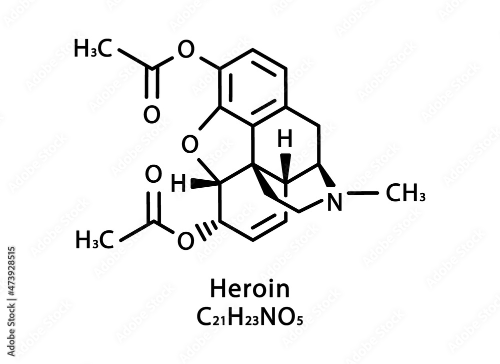 Heroin molecular structure. Heroin skeletal chemical formula. Chemical molecular formula vector illustration