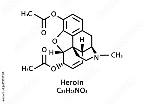 Heroin molecular structure. Heroin skeletal chemical formula. Chemical molecular formula vector illustration
