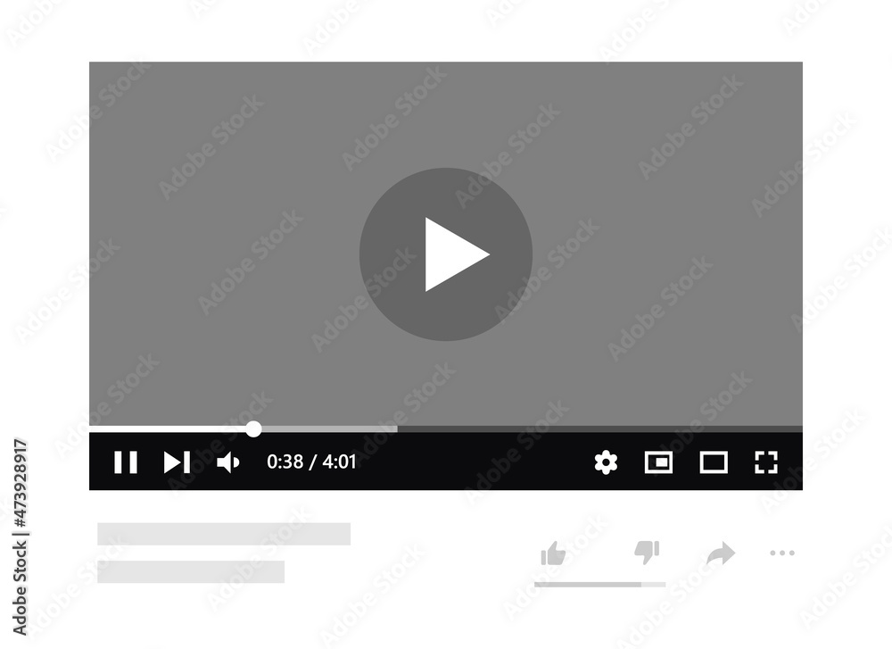 Video player with popular website design elements. Video interface template for channel wireframe. Simple buttons for social media concept. Video player with popular website design elements. Video interface template for channel wireframe. Simple buttons for social media concept.