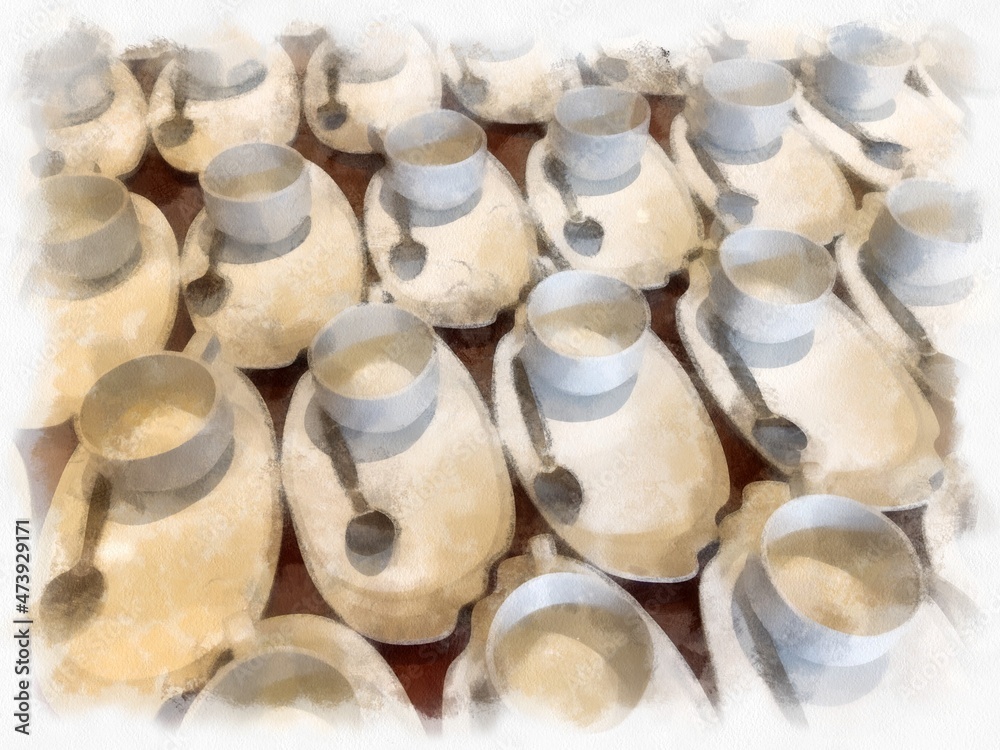 Set of break coffee cups in the meeting room watercolor style illustration impressionist painting. Set of break coffee cups in the meeting room watercolor style illustration impressionist painting.