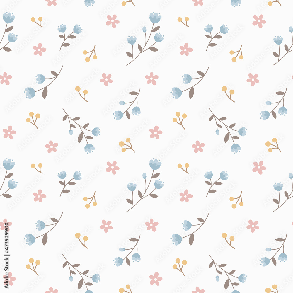 Seamless pattern with cute flowers and berries in shabby pastel colors.