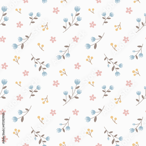 Seamless pattern with cute flowers and berries in shabby pastel colors. © Torico