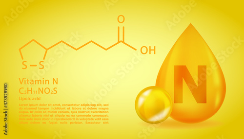 Realistic N Lipoic acid Vitamin drop with structural chemical formula. 3D Vitamin molecule N Lipoic acid design. Drop pill capsule.