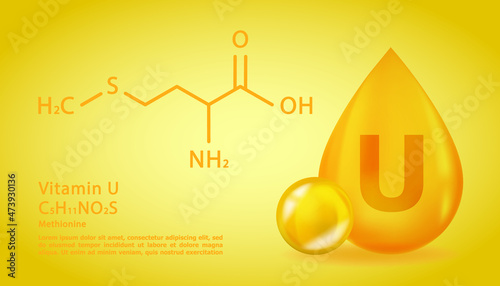 Realistic U Methionine Vitamin drop with structural chemical formula. 3D Vitamin molecule U Methionine design. Drop pill capsule.
