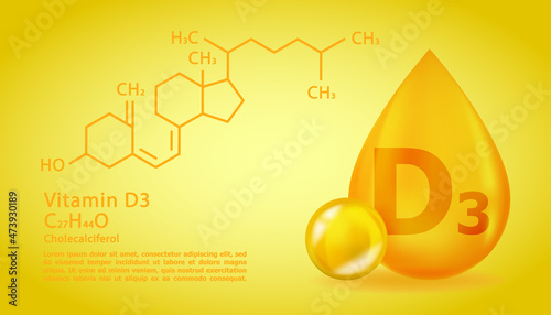 Realistic D3 Cholecalciferol Vitamin drop with structural chemical formula. 3D Vitamin molecule D3 Cholecalciferol design. Drop pill capsule.