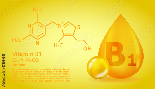 Realistic B1 Thiamine Vitamin drop with structural chemical formula. 3D Vitamin molecule B1 Thiamine design. Drop pill capsule.