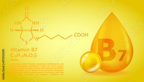 Realistic B7 Biotin Vitamin drop with structural chemical formula. 3D Vitamin molecule B7 Biotin design. Drop pill capsule.
