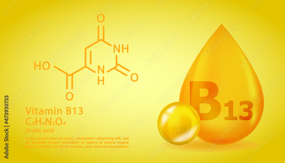 Realistic B13 Orotic acid Vitamin drop with structural chemical formula ...