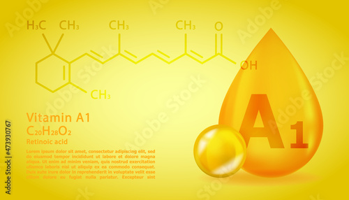 Realistic A1 Retinoic acid Vitamin drop with structural chemical formula. 3D Vitamin molecule A1 Retinoic acid design. Drop pill capsule.