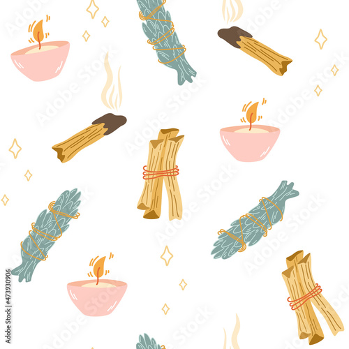 Home incense seamless pattern. Scented Spa stick on a wooden stand, incense palo santo, Incense stick, candle. Meditation, Home yoga relaxation. Hand draw Vector illustration. photo