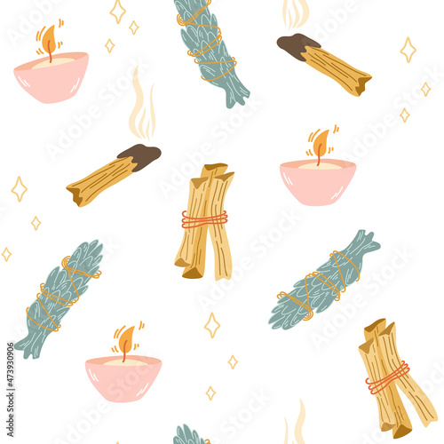 Home incense seamless pattern. Scented Spa stick on a wooden stand, incense palo santo, Incense stick, candle. Meditation, Home yoga relaxation. Hand draw Vector illustration.