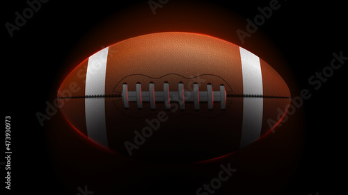 American football ball abstract black background. Football ball with neon lights illustration. Sport equipment vector wallpaper, poster, banner design.