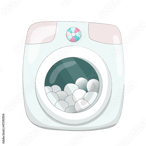 Nice cartoon washing machine. An electrical device for a fairy-tale character or doll. Toy house. Hand drawn vector illustration