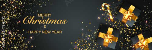 Merry Christmas and Happy New Year. Vector illustration for winter holiday. December. Flying golden confetti. Golden luxury product label. Web banner, poster, postcard. Modern design 
