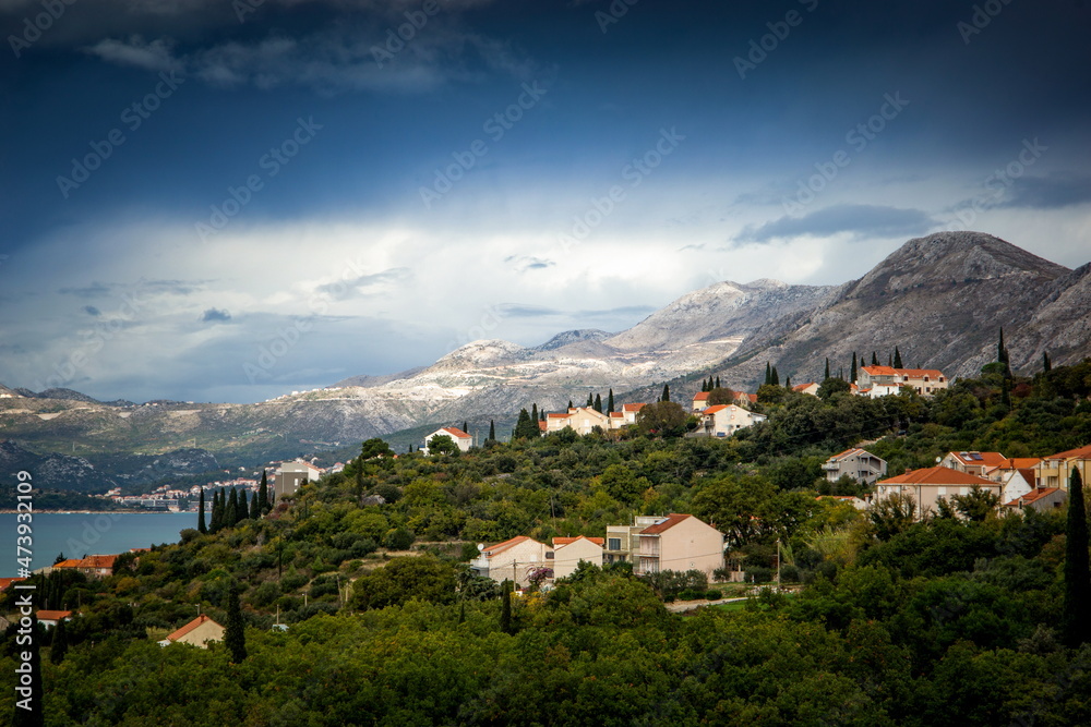 Mountains in the Adriatic coast. Dramatic weather. District of Cavtat. Croatia.
