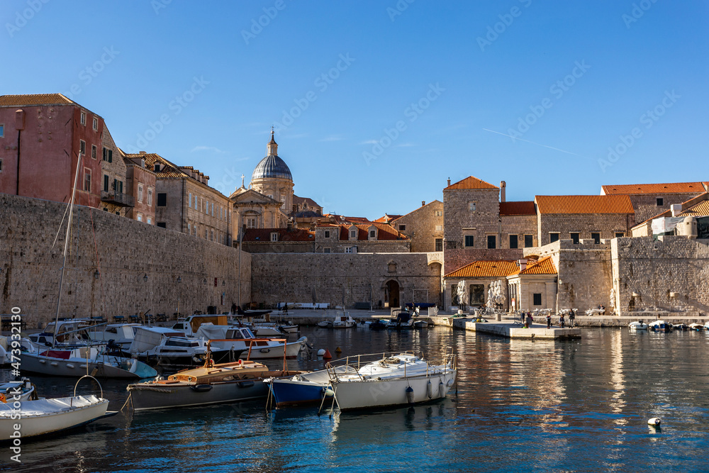 View of the harbor and marina in the downtown of Dubrovnik