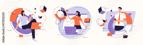 Vector illustrations on the subject of data gathering, business intelligence, digital solutions. Editable stroke