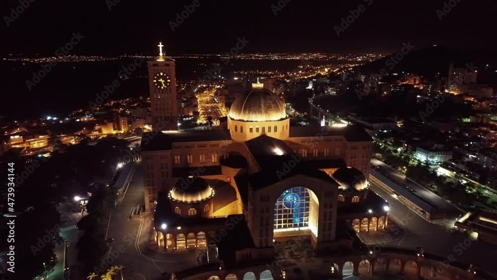 Night view of religion church sanctuary landmark at Brazil. Patroness of Brazil. Famous catholic church temple at state of Sao Paulo. Catholic religion priest.