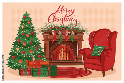 Christmas living room interior with fireplace, armchair, boxes with gifts, christmas tree and decorations. Merry Сhristmas lettering. Cozy winter vector illustration