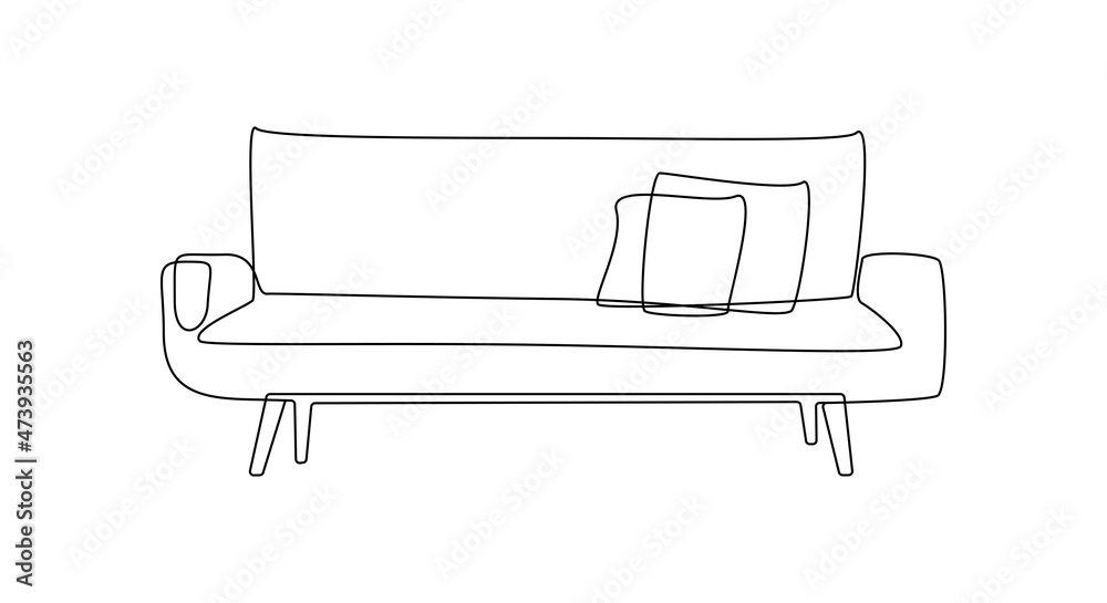 Modern furniture sofa with pillows for home interior in trendy scandinavian style outline contour lines. Simple linear silhouette of Couche. Doodle vector illustration Modern furniture sofa with pillows for home interior in trendy scandinavian style outline contour lines. Simple linear silhouette of Couche. Doodle vector illustration