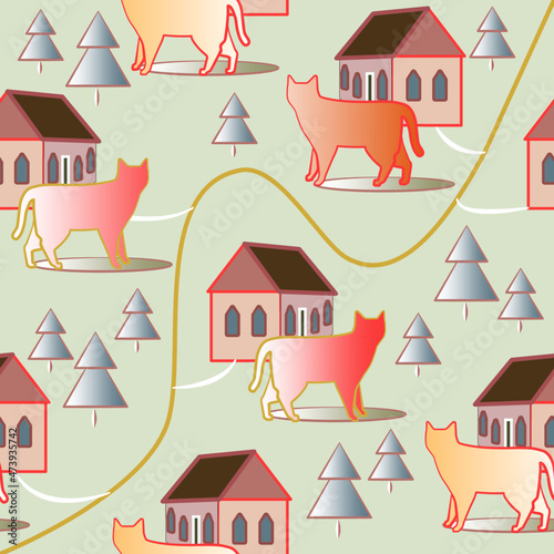 Cats on the farm near the house and trees. Seamless pattern of elements with a gradient fill on a light green background for childrens wallpaper, wrapping paper, cover, decoration.