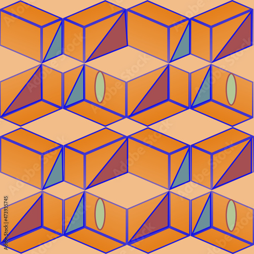 Abstract yellow background from geometric shapes. Seamless pattern of ovals, triangles and cubic elements for wallpaper, cover.