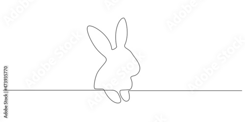 Continuous one line drawing of Easter Bunny. Cute rabbit silhouette with ears in simple linear style for spring design greeting card and web banner.Editable stroke. Doodle Vector illustration © Olga Rai