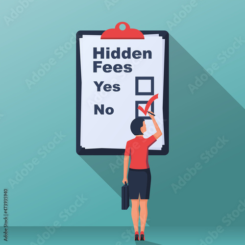 No Hidden Fees. Clipboard in hand with pen. Make mark lack of fees. Absence of payments. Vector illustration flat design. Isolated on white background.